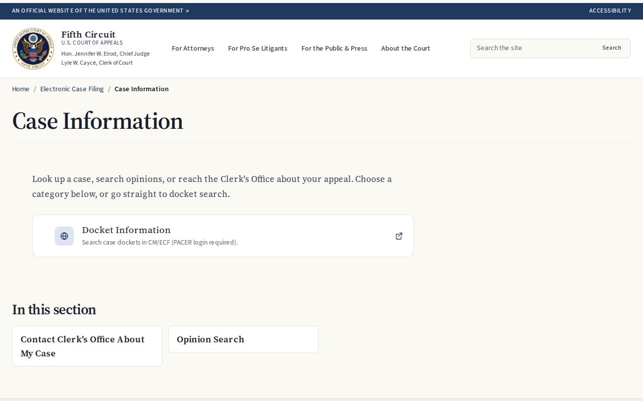 Bienville Parish case search source showing Fifth Circuit case information access