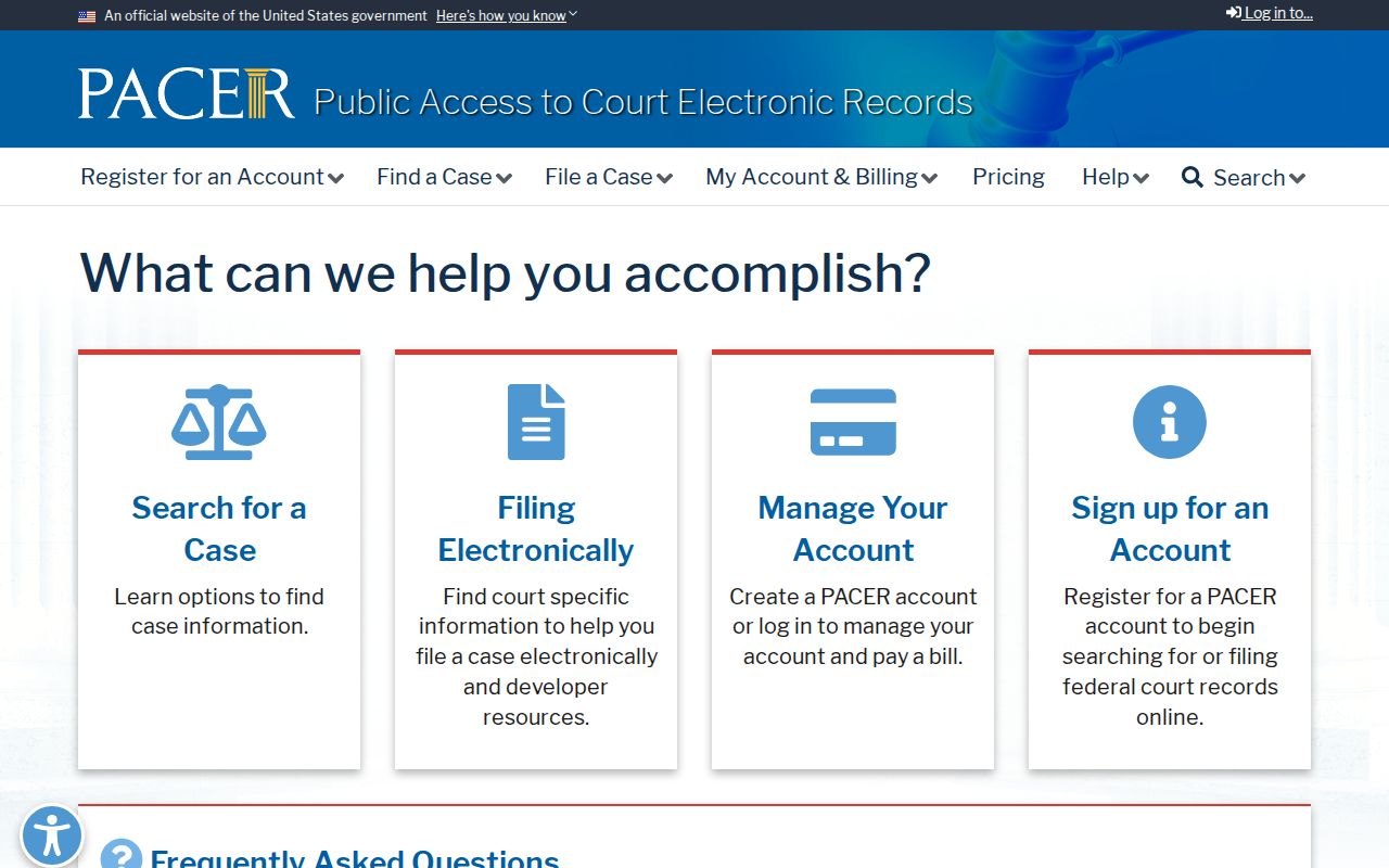Bienville Parish case search source showing PACER federal case access