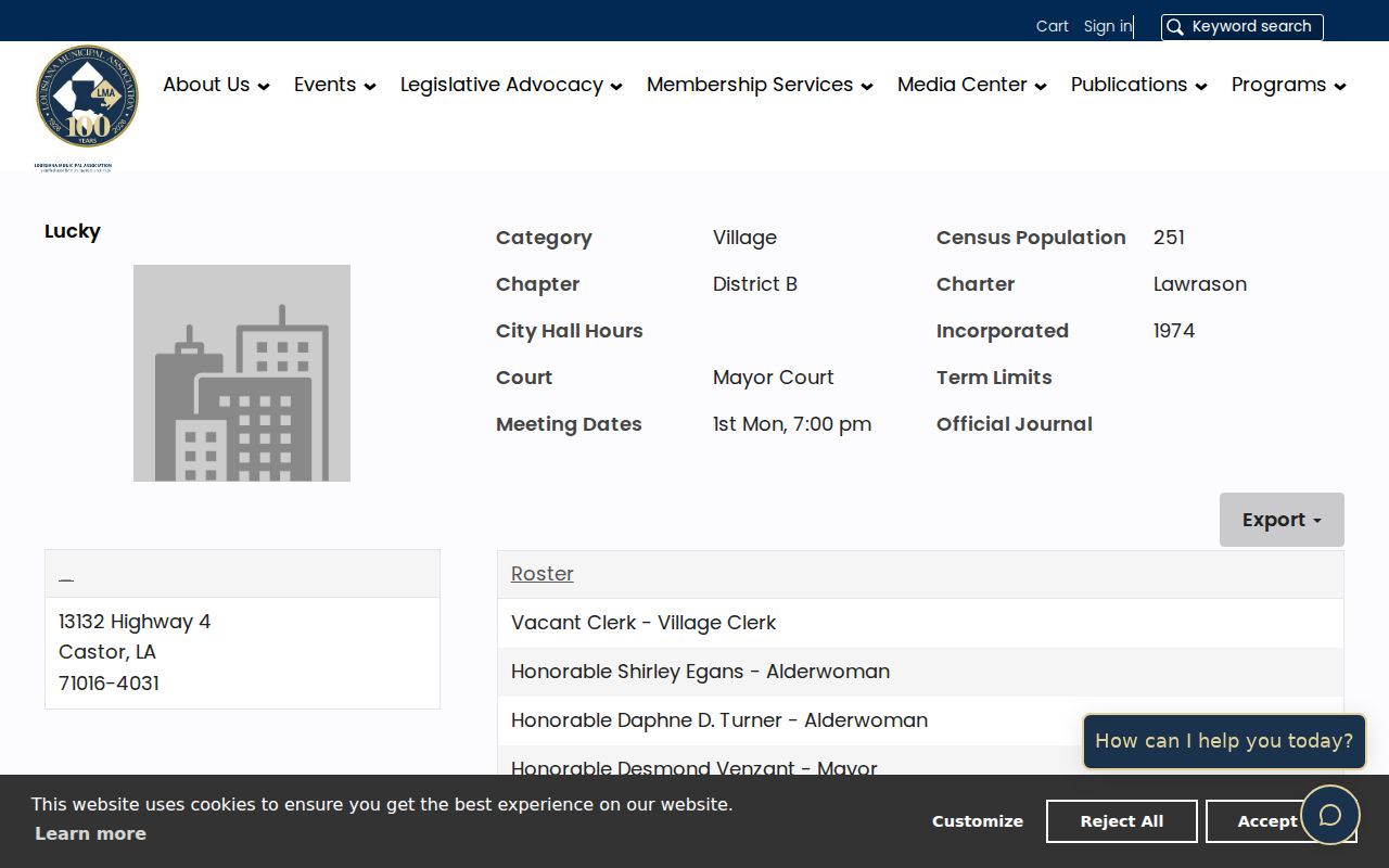 Official Lucky village profile showing the Mayor Court designation and vacant clerk listing