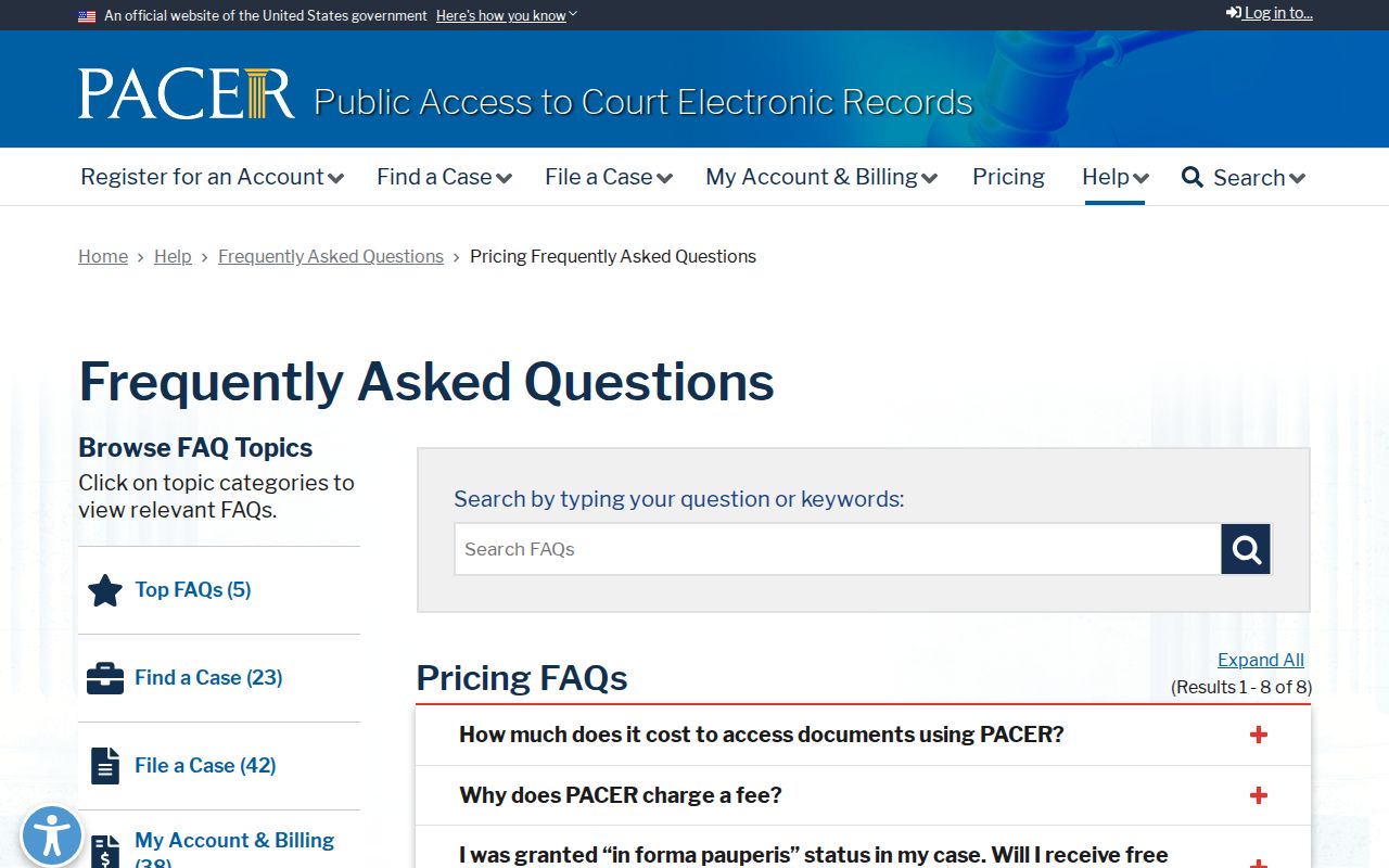 Bienville Parish court records source showing PACER federal record pricing