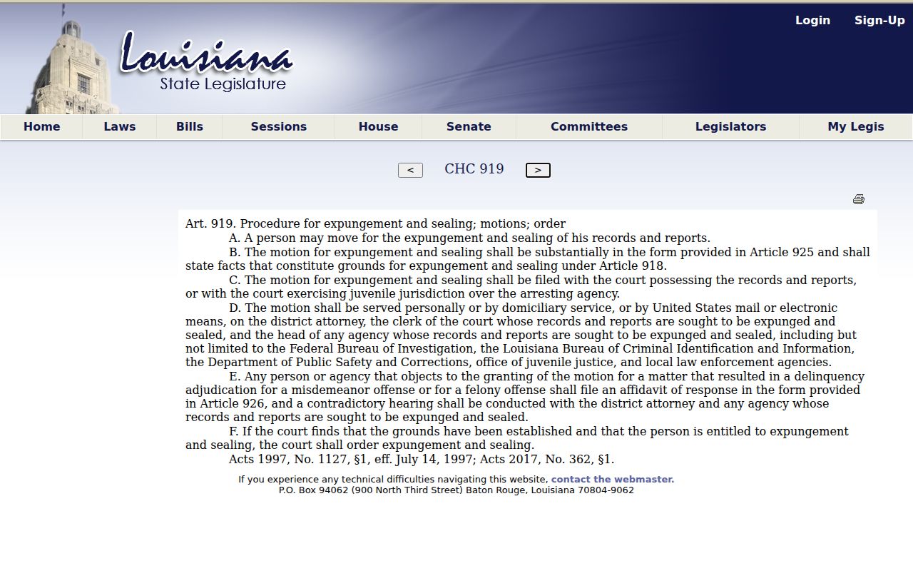 Bienville Parish criminal docket Louisiana expungement motion rule