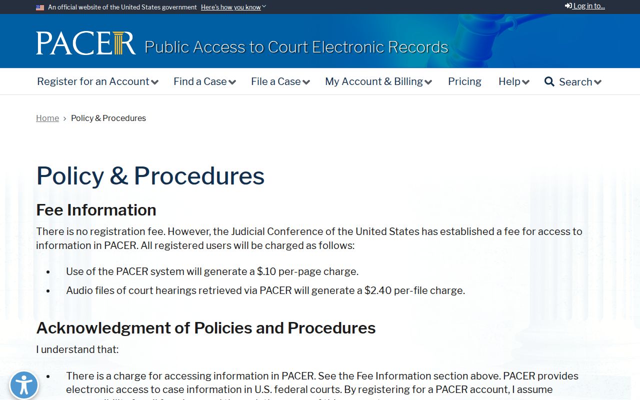 PACER policy page illustrating a federal docket system separate from Bienville Parish traffic records